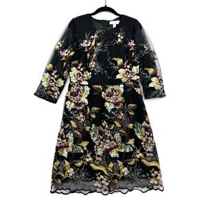 badgley mischka embroidered mesh dress Badgley Mischka Strapless Beaded and Sequin Floral Midi Dress, Size: 4